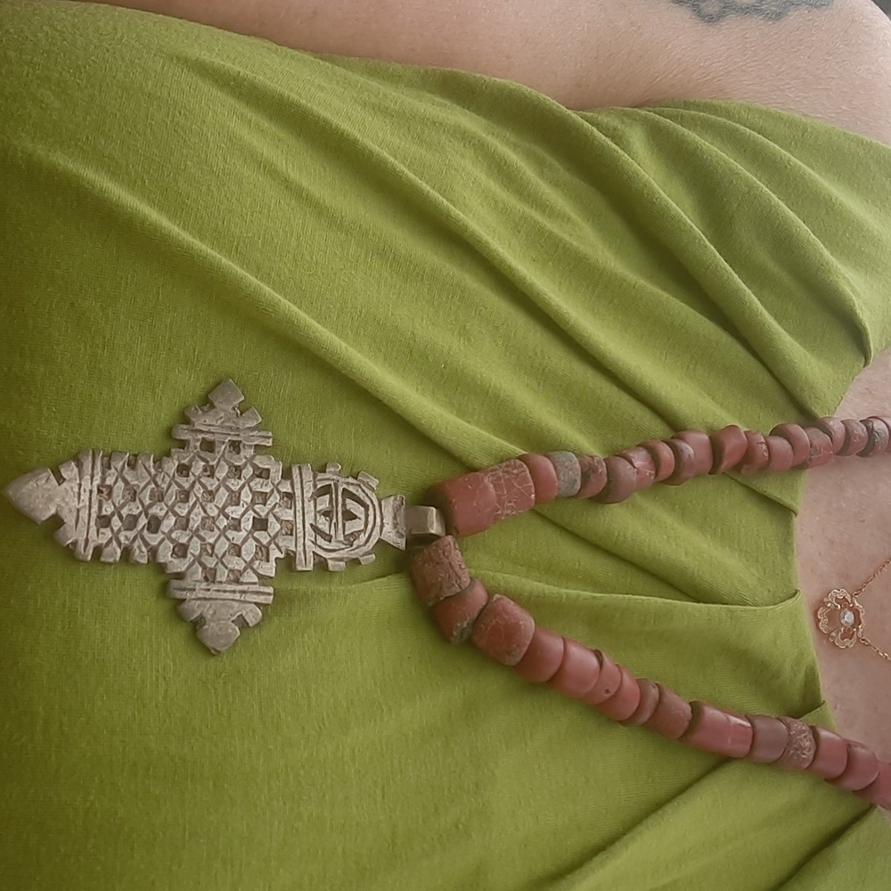 Coptic Cross Strung With Rustic Red Beads - Picture 4 of 4